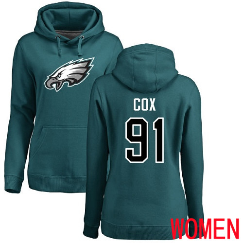 Women Philadelphia Eagles 91 Fletcher Cox Green Name and Number Logo NFL Pullover Hoodie Sweatshirts